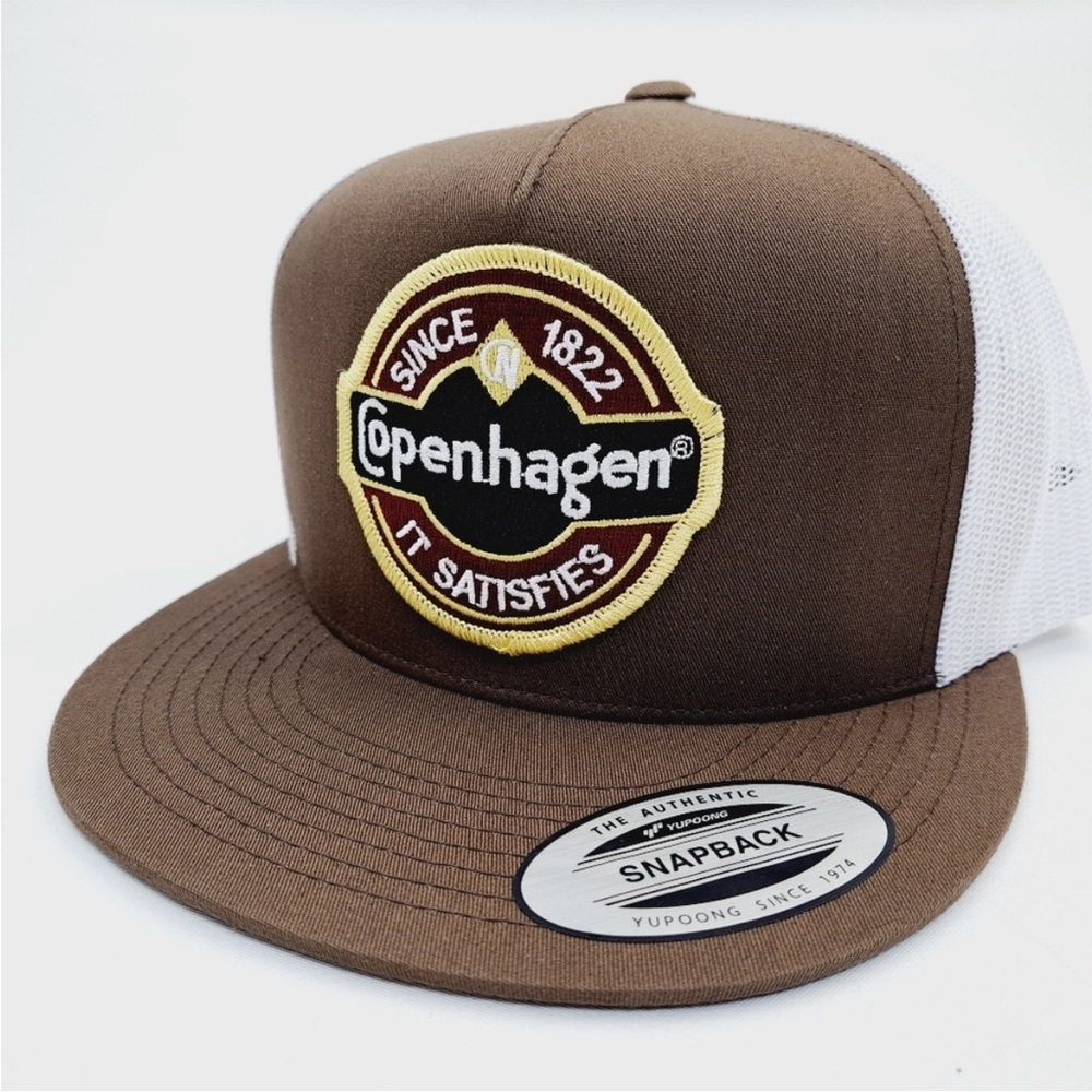 Copenhagen Flat Bill Mesh Snapback Hat – Brown & White – Embroidered Patch